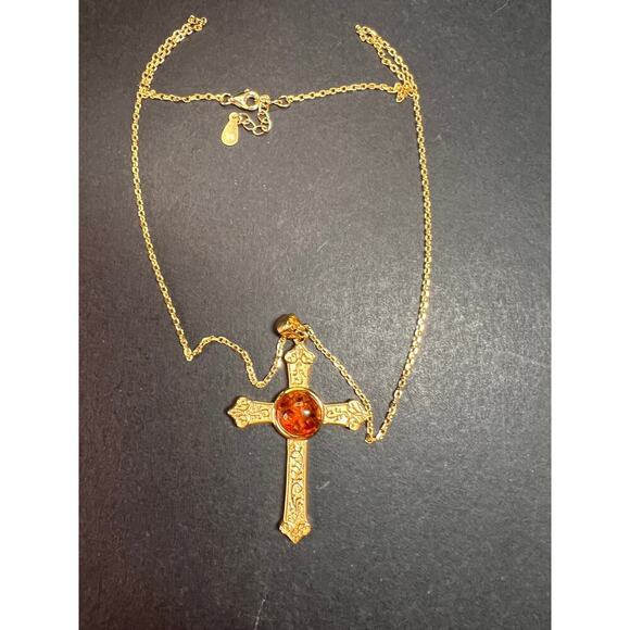 NEW Baltic Amber cross pendant in gold over sterling silver - Picture 7 of 16